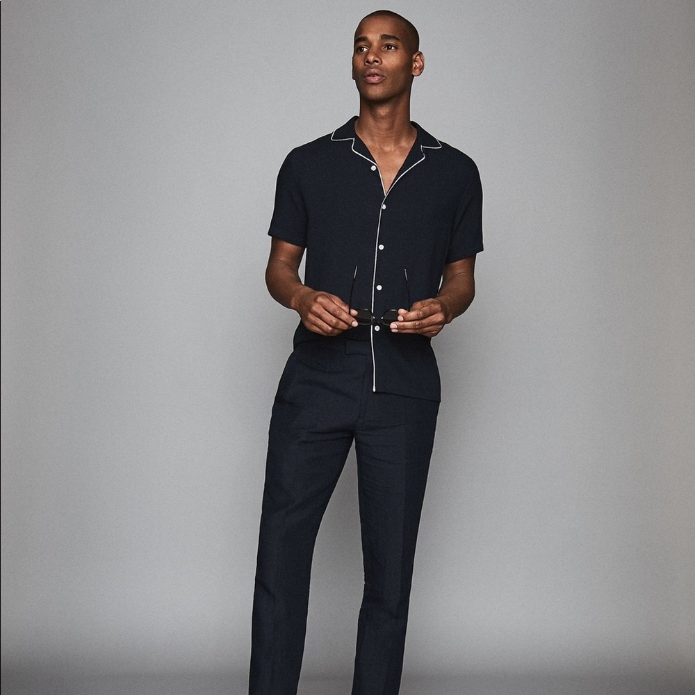 Reiss Black Short-Sleeve Camp Collar Shirt with Contrast Piping